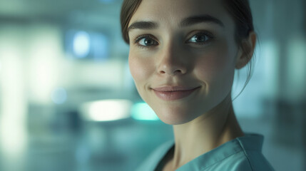 Fototapeta premium Realistic close-up of a female healthcare worker in a modern clinic, looking into the camera with a confident and friendly smile