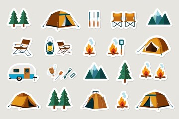 Camping-themed sticker sheet with trailer, tent, and trees.