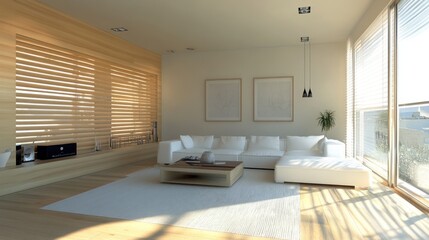 Modern minimalist living room with white sofa, wooden wall, and large windows.