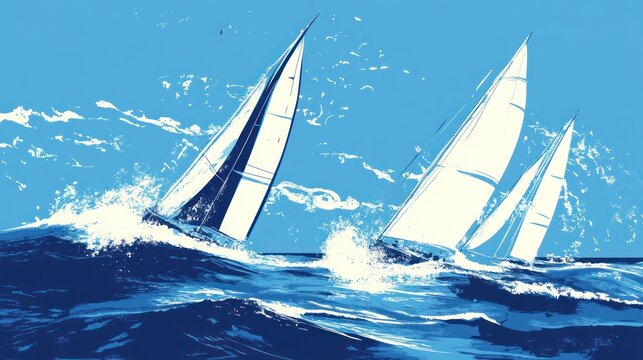 Two sailboats racing in a dynamic ocean scene, depicted in a stylized graphic illustration.