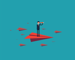 Business concept illustration of businessman using telescope on paper plane, opportunity, vision in business stock illustration