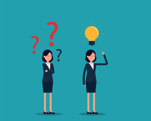 Thinking process vector concept design element with thoughtful young man surrounded by question marks and cheerful young man having an idea represented by light bulb