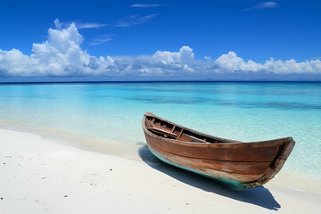 Naklejka premium Tranquil Seaside Escape: A rustic wooden boat rests peacefully on a pristine sandy shore, mirroring the vast expanse of a serene turquoise sea beneath a bright, cloud-studded azure sky. 