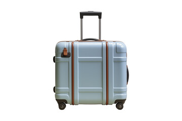 Light blue plastic suitacase with handle extended upwards on wheel isolated on transparent background