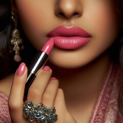 Naklejka premium Indian or Middle Eastern Female Model putting on Lipstick - Cosmetic Advertisement of Lip Gloss, Liner, Lipstick, Lip Balm, - Woman Posing with and Applying Lipstick - Gloseup of Beauty Product