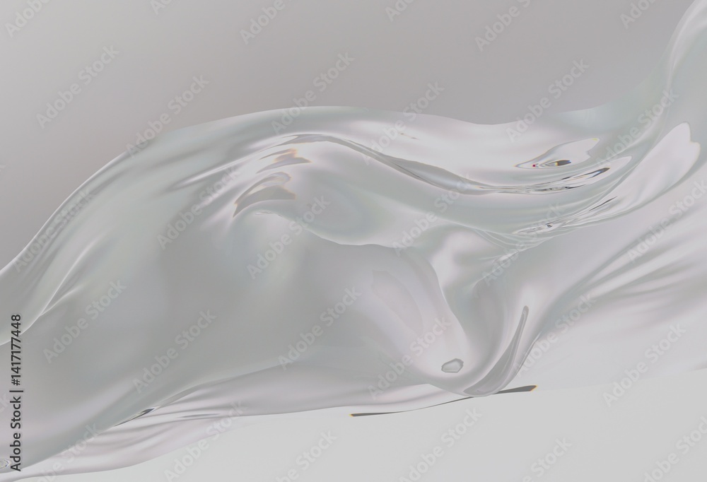 Poster smooth 3d illustration of a flowing, translucent wave resembling liquid or glass on a light gray bac