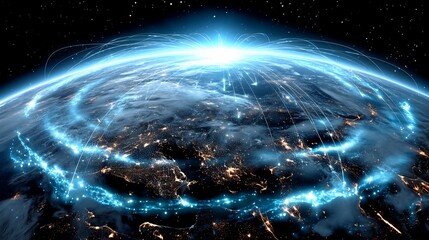 Global connectivity illustrated; Earth with digital networks highlighted