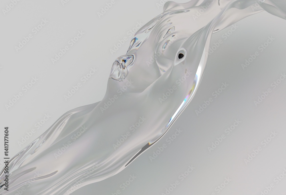 Poster shiny, metallic silver fluid twists dynamically against a light background, highlighting movement, r