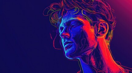Fototapeta premium Abstract portrait of a young man in vibrant neon colors, showcasing his profile and textured hair.
