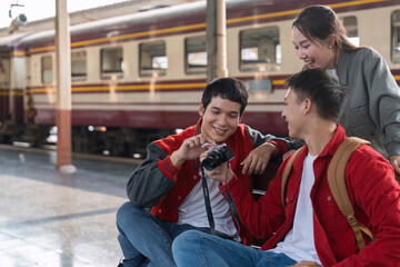 Fototapeta premium Creativity and Connection. Friends gather around a camera, sharing memories and experiences at the train station.