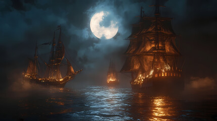Obraz premium Ships Under a Mysterious Moon: A fleet of antique ships sails serenely under the eerie glow of a full moon at night. The water reflecting the moon's mysterious radiance.