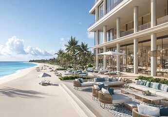 Fototapeta premium Beachfront resort with outdoor seating area, turquoise ocean, and white sand beach under a sunny sky. The resort features a contemporary design with light beige and white building, large windows, and
