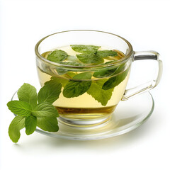 cup of tea with saucer with mint on white background