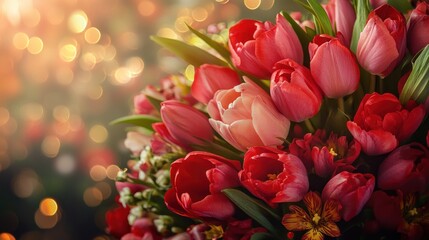 Vibrant bouquet of red and pink tulips with bokeh background.