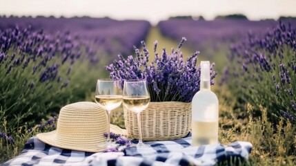 A Serene Lavender Field Picnic: Two Glasses of Wine Amidst Blooming Purple Rows, Capturing a Peaceful Summer Afternoon