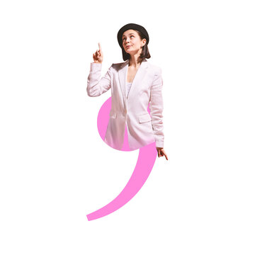 Conceptual art collage. Woman inside pink comma pointing up with curiosity, suggesting feedback moment or idea. Concept of suggestion, online communication, review, opinion, recommendation.