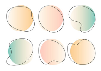 Color liquid blob shapes, pastel gradient vector organic random forms with lines, abstract fluid silhouette, simple smooth ink stain. Highlight for branding, social media, packaging, web design