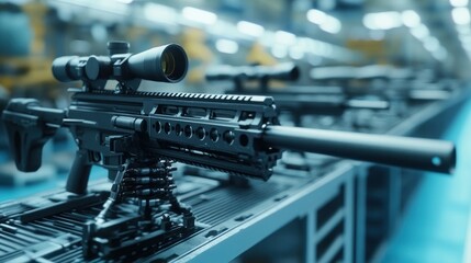 Naklejka premium Close-up of a modern rifle on an assembly line in a factory.