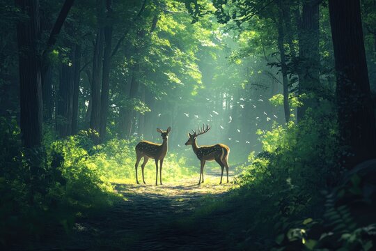 Fototapeta Two deer in a sunlit forest path. Lush green trees, sunlight filtering through canopy. Peaceful, tranquil scene