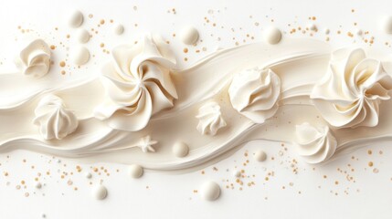 Creamy swirls and meringue kisses on a white background with sprinkles.
