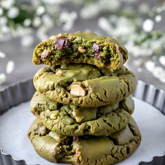 a stack of matcha cookies with a deep green hue, highlighting their rich texture with visible chunky mix-ins such as chopped nuts and chocolate chips