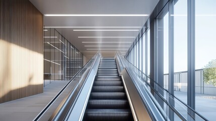Obraz premium A modern escalator ascends amidst bright light and contemporary architecture. Ideal for illustrating concepts like progress, innovation, and urban lifestyle.