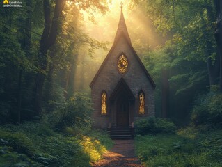 Enchanted forest scene featuring a quaint chapel illuminated by sunlight