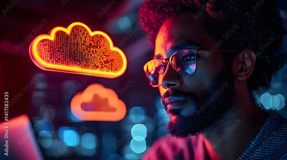 Poster programmer coding on a laptop with a glowing cloud icon reflected in their glasses