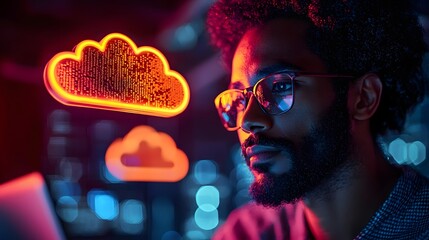 Programmer coding on a laptop with a glowing cloud icon reflected in their glasses