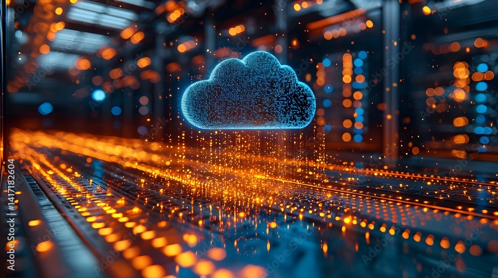 Poster glowing cloud of data streams above a futuristic server grid