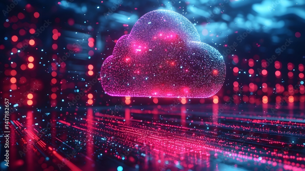 Poster futuristic cloud computing server with holographic data streams