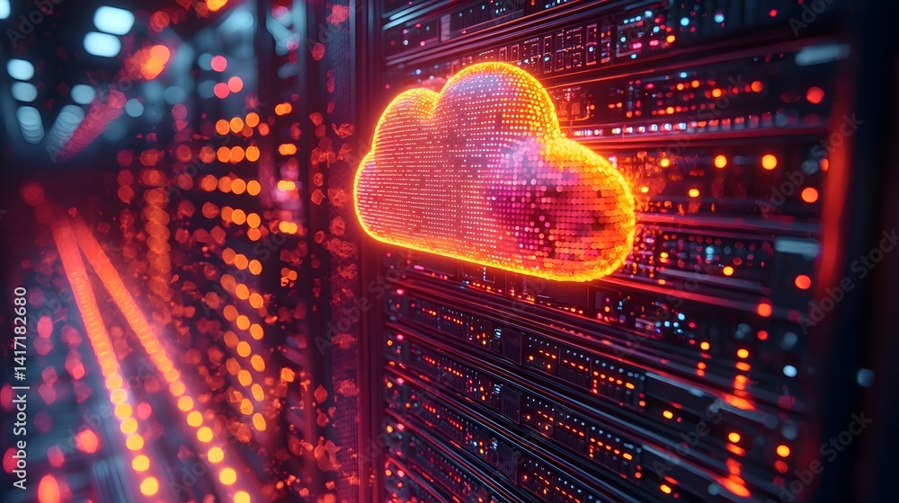 Poster glowing server rack with holographic cloud data streams