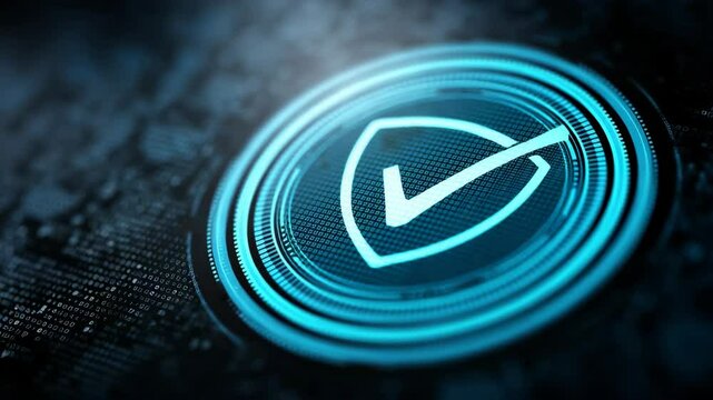 Glowing check mark on shield icon surrounded by blue rings symbolizes system security verification and authorization