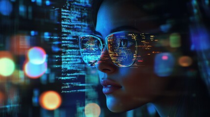 Software, coding hologram and woman on tablet thinking of data analytics, digital technology and night overlay. Programmer or IT person in glasses on 3d screen, programming and cybersecurity research