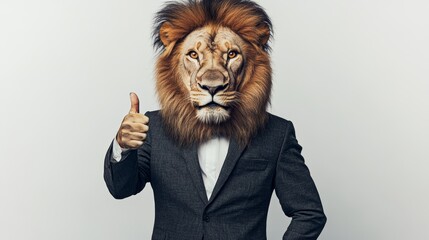 Lion head businessman giving thumbs up on white background 