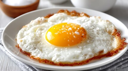 Crispy Fried Egg with Sea Salt Sprinkle on White Plate