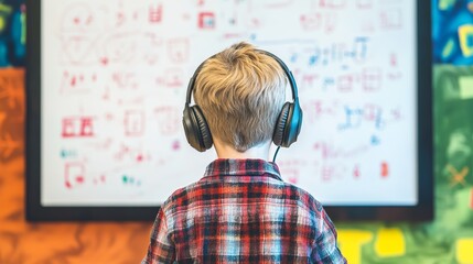 Boy wearing headphones learning math with digital whiteboard vibrant educational background interactive learning for children educational technology