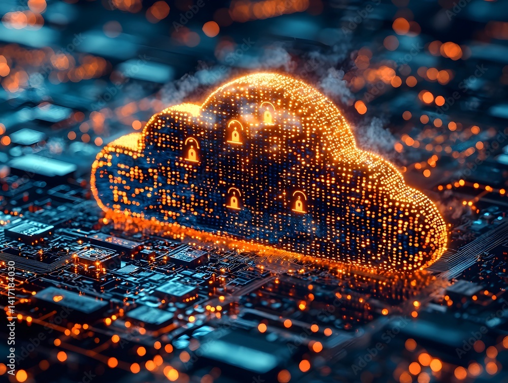 Poster futuristic digital cloud with encryption symbols and security elements
