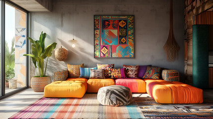 Stylish and colorful living room with vibrant textiles and natural light during the day