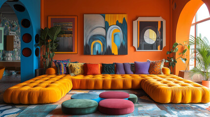 Bright and modern living room featuring a large yellow sofa and vibrant decor with artwork on the walls