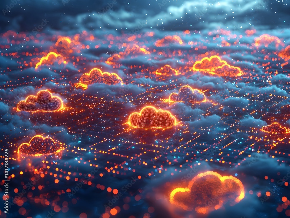 Poster interconnected cloud computing platforms with glowing data flow