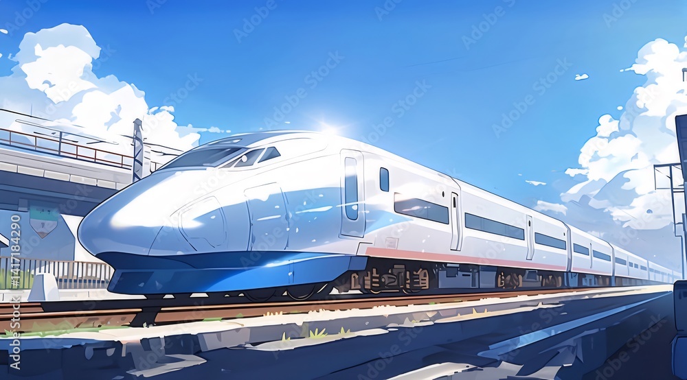 Poster 青い空の下を走る高速鉄道の鮮やかなイラスト風景 太陽光が当たる未来的な列車と駅の風景