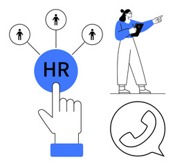 Circular HR hub connects people icons, hand clicks on HR, woman holding tablet pointing, phone icon. Ideal for recruitment, teamwork, communication, workflow, leadership decision-making simple