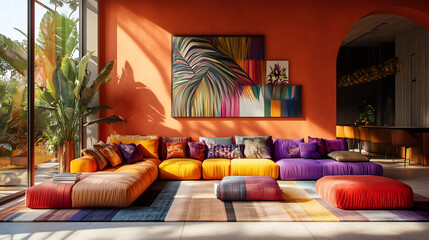 Bright and colorful living room with modern decor featuring a vibrant sectional sofa and artistic wall art