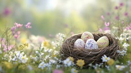 Pastel Easter eggs in bird's nest nestled amongst spring wildflowers.