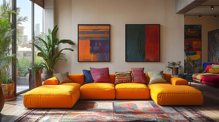 Bright and vibrant living room featuring an orange sectional sofa and colorful artwork during daylight hours