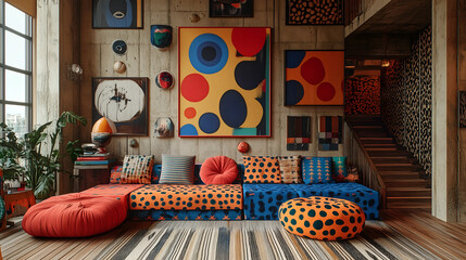 Vibrant living room interior with colorful furniture and artwork in a modern artistic space