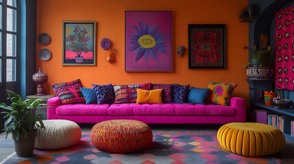 Vibrant living room featuring bold colors and eclectic decor in a modern artistic space