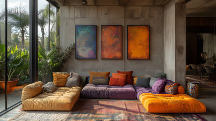 Modern living room with vibrant cushions and colorful wall art in a stylish urban home