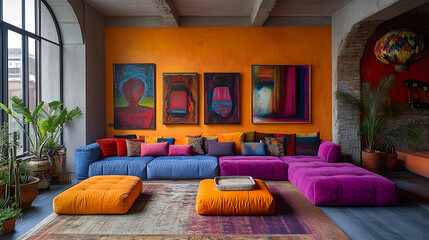Vibrant living room with colorful seating and artistic wall decor in contemporary design